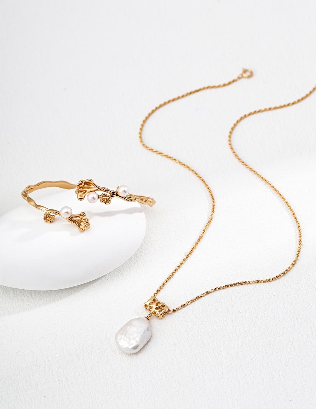 Baroque Pearl Jewelry Set, Organic Gold Necklace, Statement Earrings & Cuff Bracelet, Irregular Natural Pearl, 925 Silver, Bridal Gift