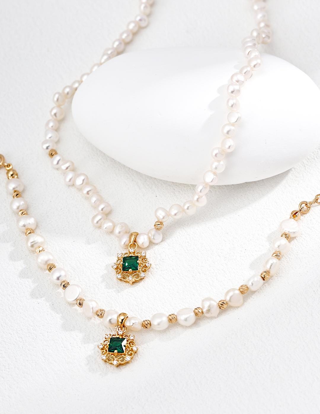 Pearl Jewelry Set, French Vintage Necklace & Matching Bracelet, Green Zircon Royal Court Lace Pendant, 925 Silver, Coquette Gift Set