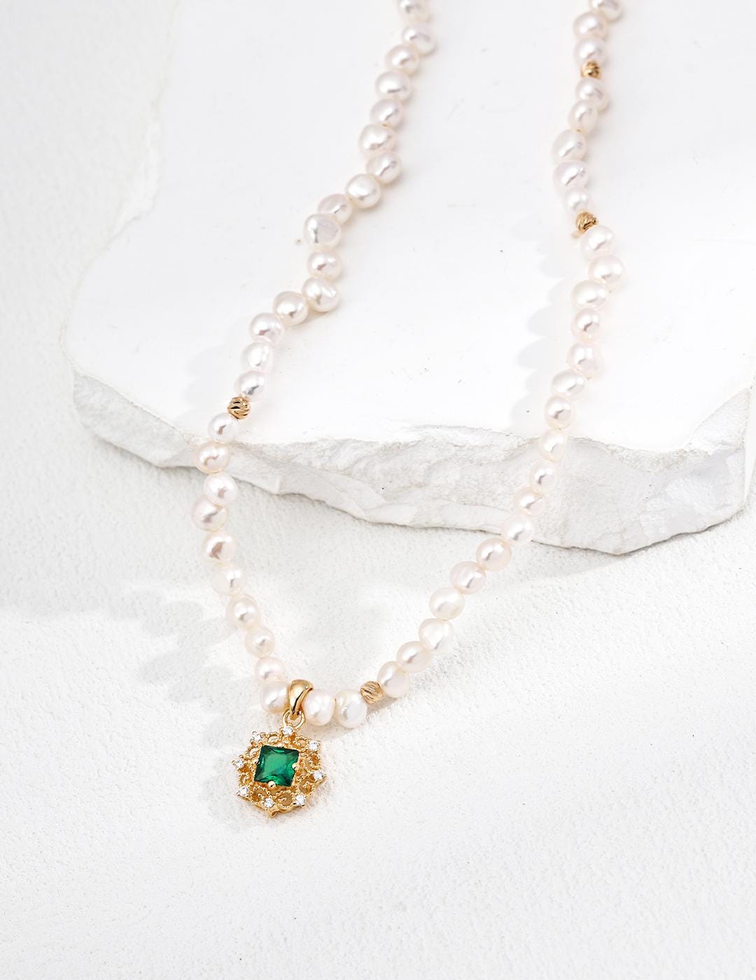 Pearl Jewelry Set, French Vintage Necklace & Matching Bracelet, Green Zircon Royal Court Lace Pendant, 925 Silver, Coquette Gift Set