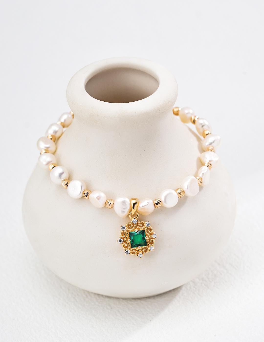 Pearl Jewelry Set, French Vintage Necklace & Matching Bracelet, Green Zircon Royal Court Lace Pendant, 925 Silver, Coquette Gift Set
