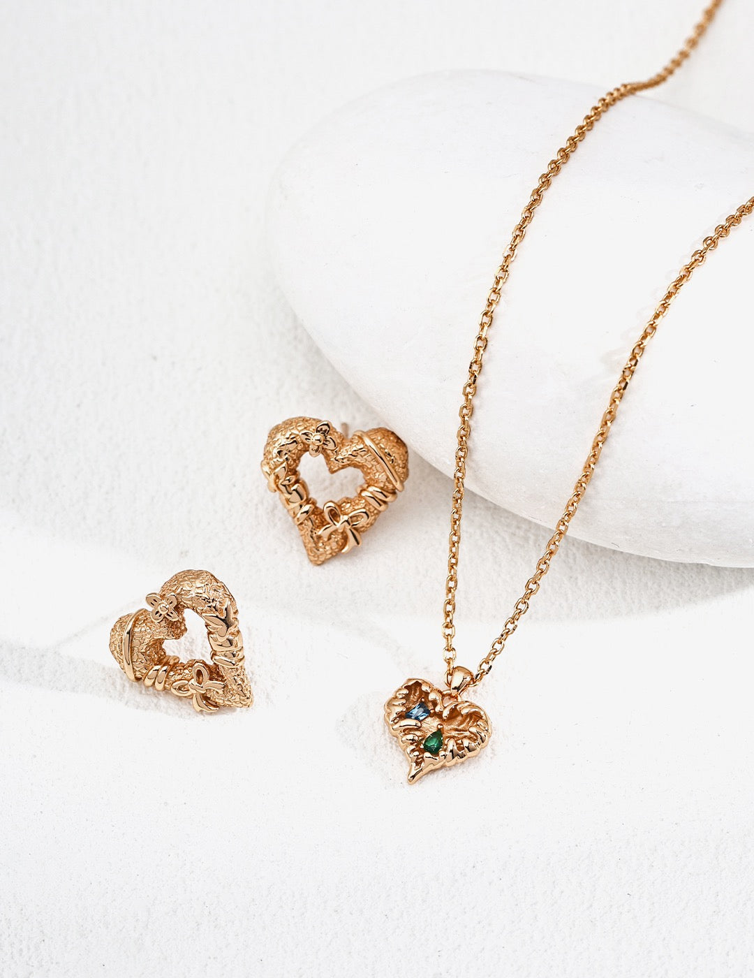 Vintage Gold S925 Silver Heart Necklace and Earrings Set | Romantic Textured Jewelry