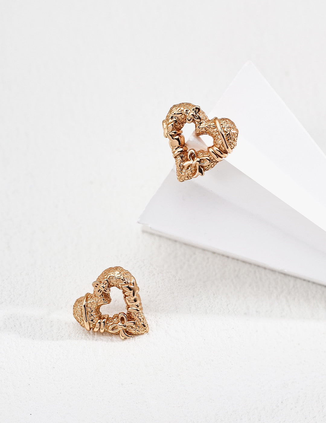 Vintage Gold S925 Silver Heart Necklace and Earrings Set | Romantic Textured Jewelry