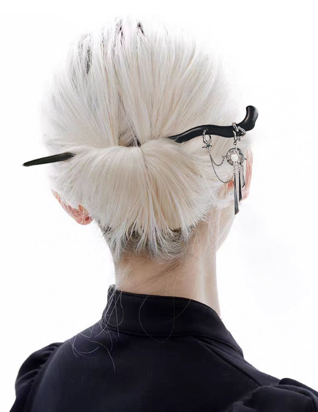 S925 Silver Neo-Chinese Moss Agate & Shell Hair Stick | Zitan Wood, White Gold Finish Elegant Blackwood Hair Stick with Gemstone Dangles