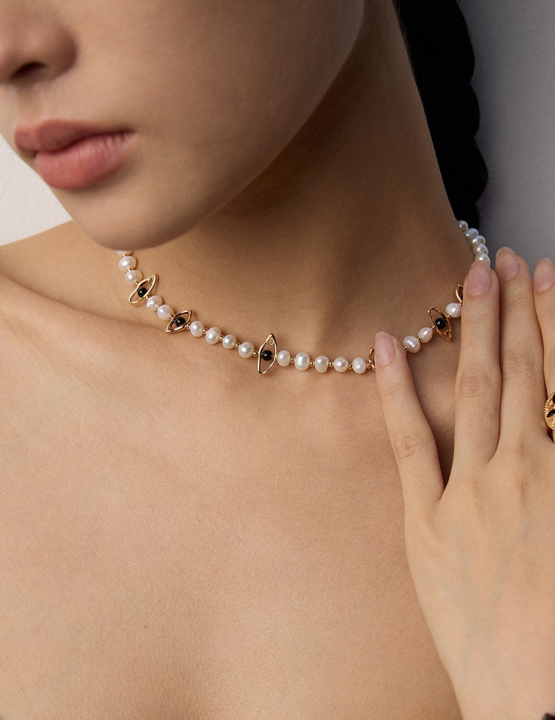 S925 Silver Natural Pearl & Black Onyx Evil Eye Necklace | Vintage Gold French Starry Night Choker