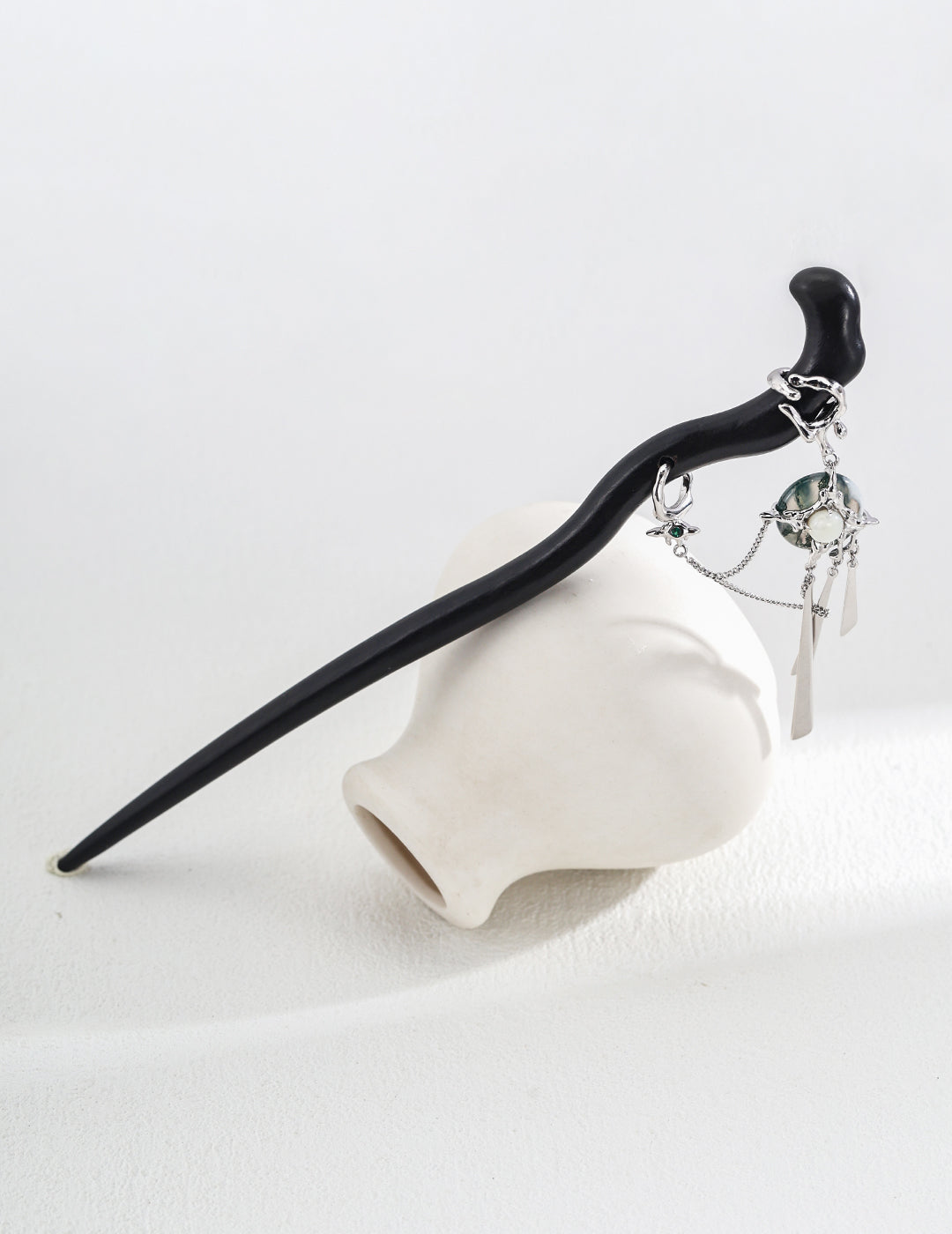 S925 Silver Neo-Chinese Moss Agate & Shell Hair Stick | Zitan Wood, White Gold Finish Elegant Blackwood Hair Stick with Gemstone Dangles