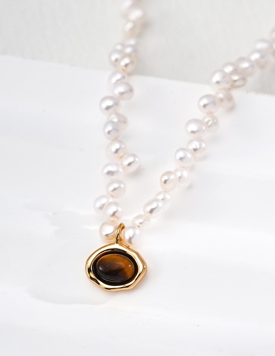Tiger's Eye & Pearl Jewelry Set, Gold Gemstone Necklace, Matching Bracelet + Earrings, 925 Silver, Vintage Style, Earthy Boho Chic Gift