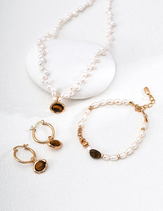 Tiger's Eye & Pearl Jewelry Set, Gold Gemstone Necklace, Matching Bracelet + Earrings, 925 Silver, Vintage Style, Earthy Boho Chic Gift