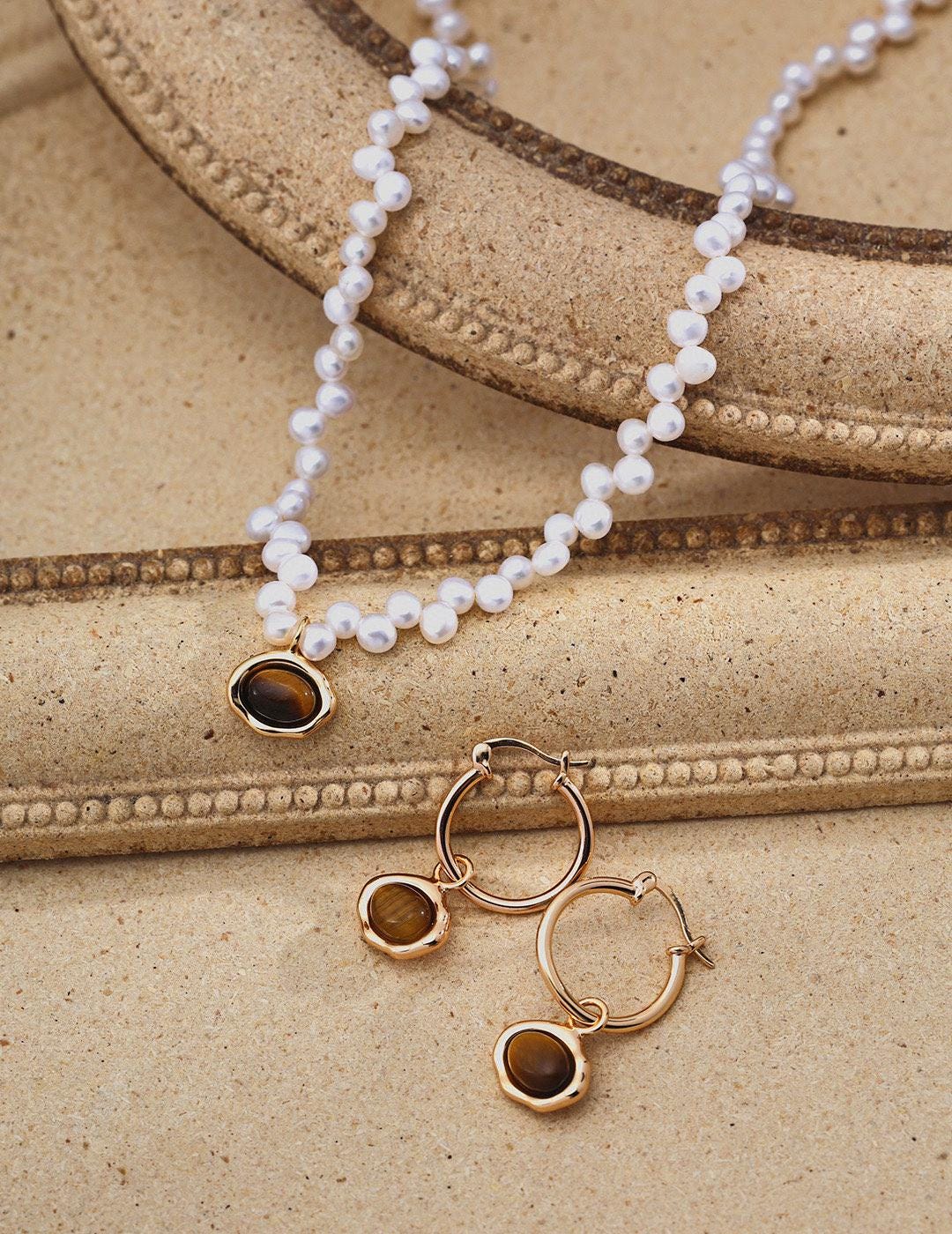 Tiger's Eye & Pearl Jewelry Set, Gold Gemstone Necklace, Matching Bracelet + Earrings, 925 Silver, Vintage Style, Earthy Boho Chic Gift