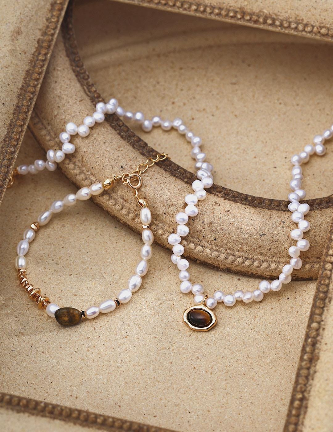Tiger's Eye & Pearl Jewelry Set, Gold Gemstone Necklace, Matching Bracelet + Earrings, 925 Silver, Vintage Style, Earthy Boho Chic Gift