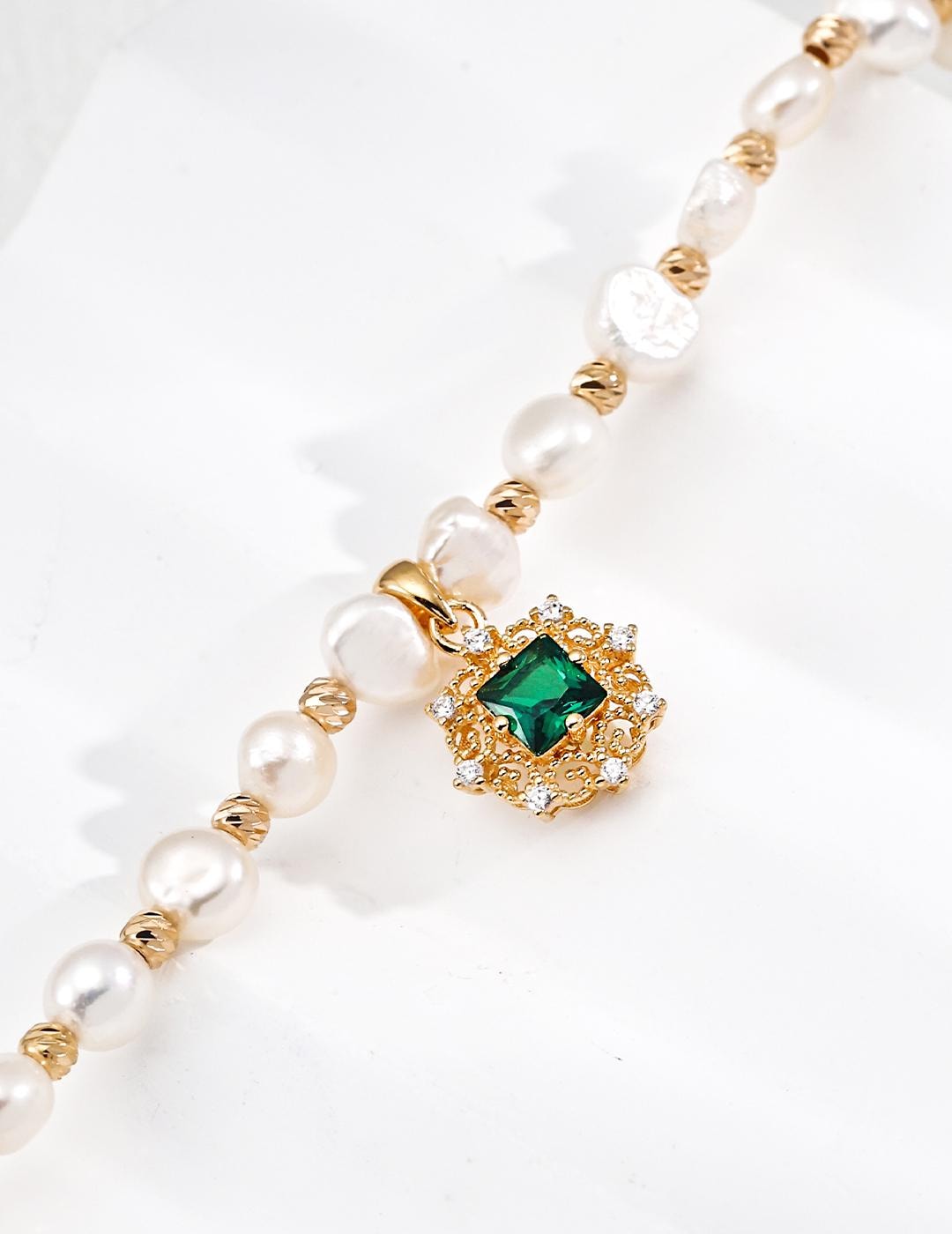 Pearl Jewelry Set, French Vintage Necklace & Matching Bracelet, Green Zircon Royal Court Lace Pendant, 925 Silver, Coquette Gift Set