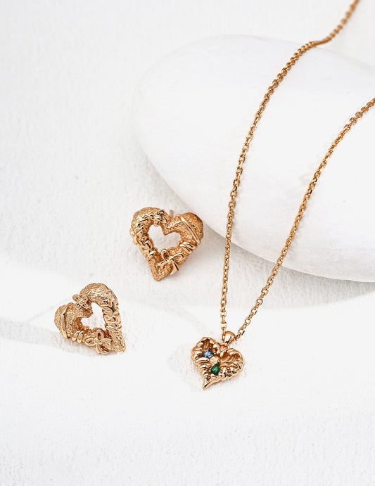 Vintage Gold S925 Silver Heart Necklace and Earrings Set | Romantic Textured Jewelry