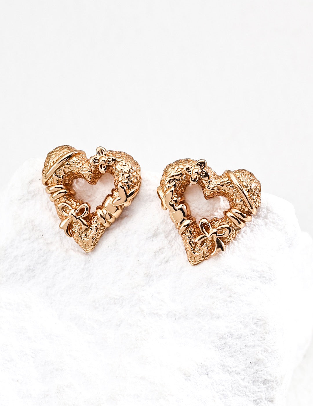 Vintage Gold S925 Silver Heart Necklace and Earrings Set | Romantic Textured Jewelry