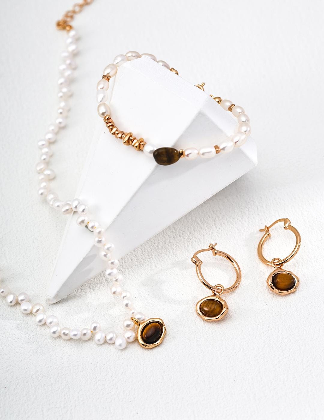 Tiger's Eye & Pearl Jewelry Set, Gold Gemstone Necklace, Matching Bracelet + Earrings, 925 Silver, Vintage Style, Earthy Boho Chic Gift