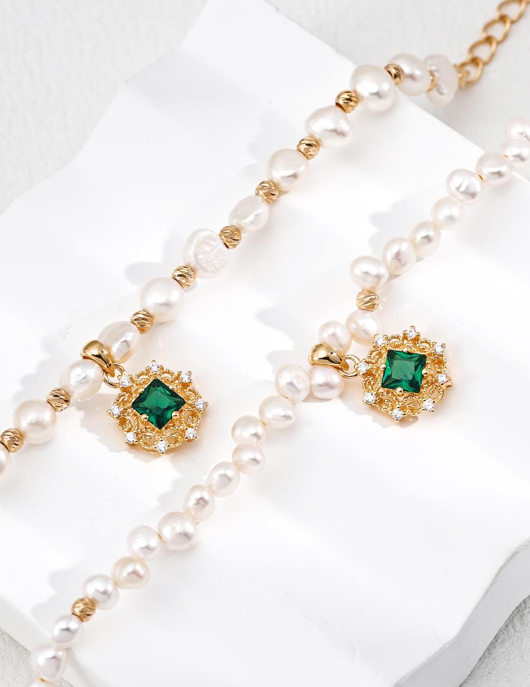 Pearl Jewelry Set, French Vintage Necklace & Matching Bracelet, Green Zircon Royal Court Lace Pendant, 925 Silver, Coquette Gift Set