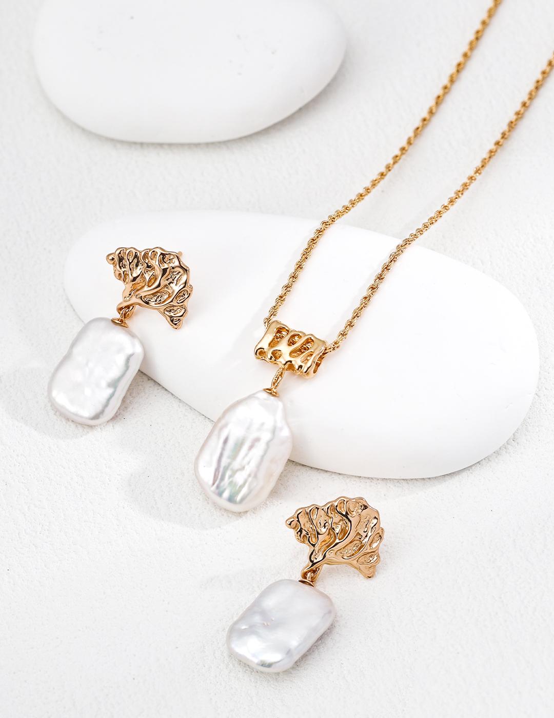 Baroque Pearl Jewelry Set, Organic Gold Necklace, Statement Earrings & Cuff Bracelet, Irregular Natural Pearl, 925 Silver, Bridal Gift