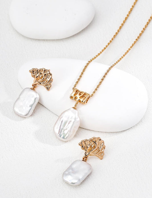 Baroque Pearl Jewelry Set, Organic Gold Necklace, Statement Earrings & Cuff Bracelet, Irregular Natural Pearl, 925 Silver, Bridal Gift