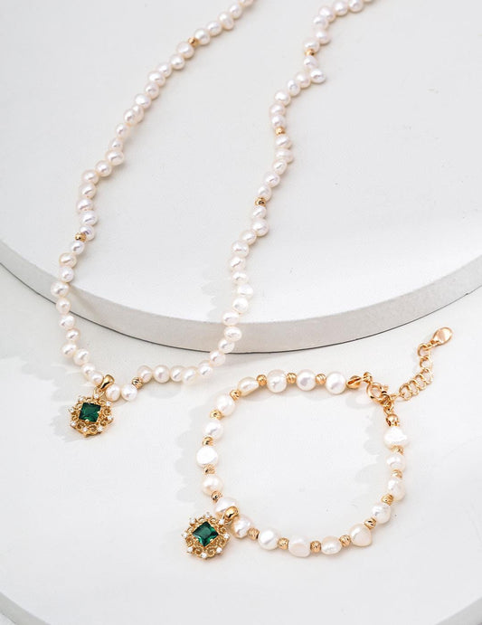 Pearl Jewelry Set, French Vintage Necklace & Matching Bracelet, Green Zircon Royal Court Lace Pendant, 925 Silver, Coquette Gift Set