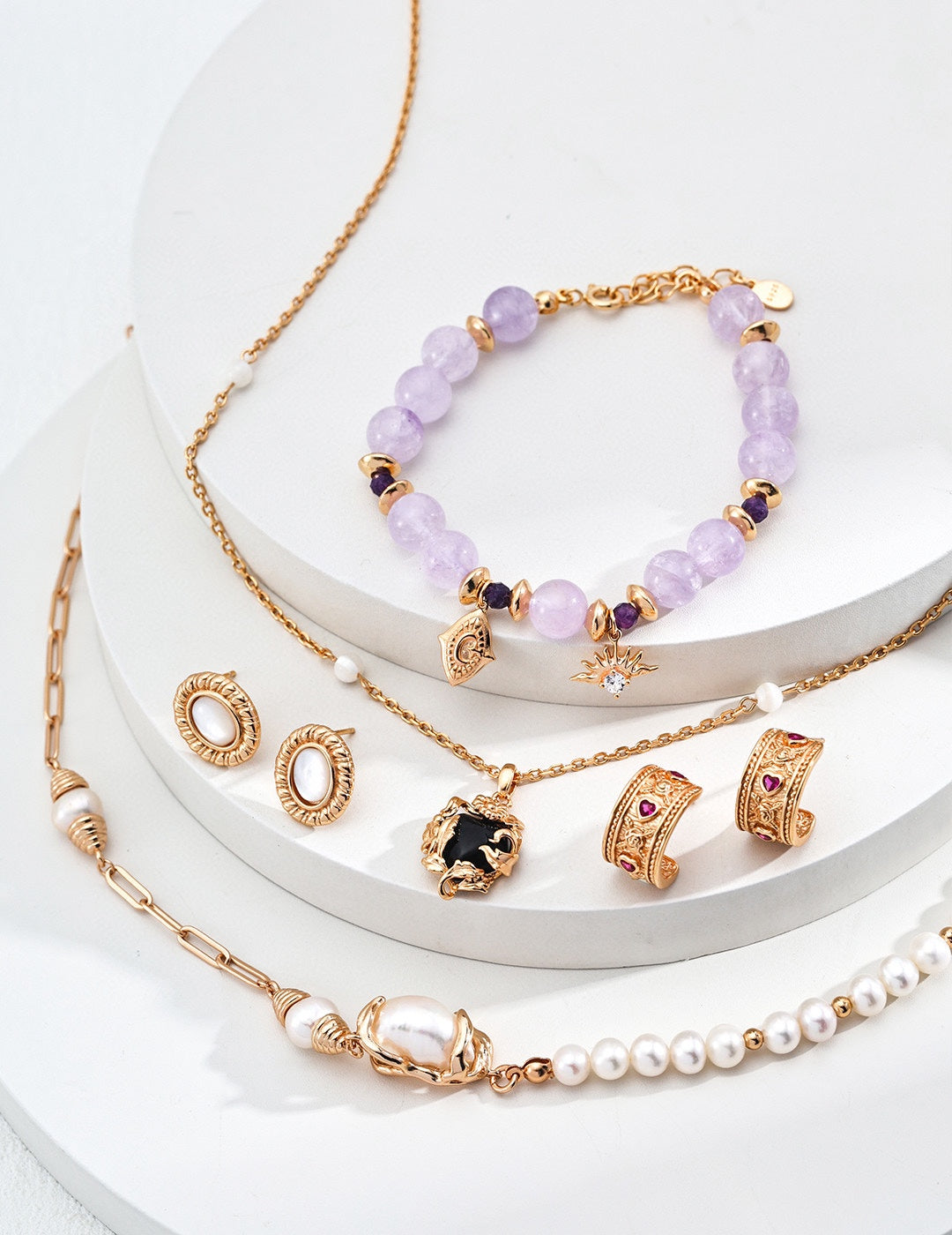 Dreamy Lavender: S925 Silver Amethyst Beaded Bracelet | Vintage Gold Guardian Charms, Elegant & Chic