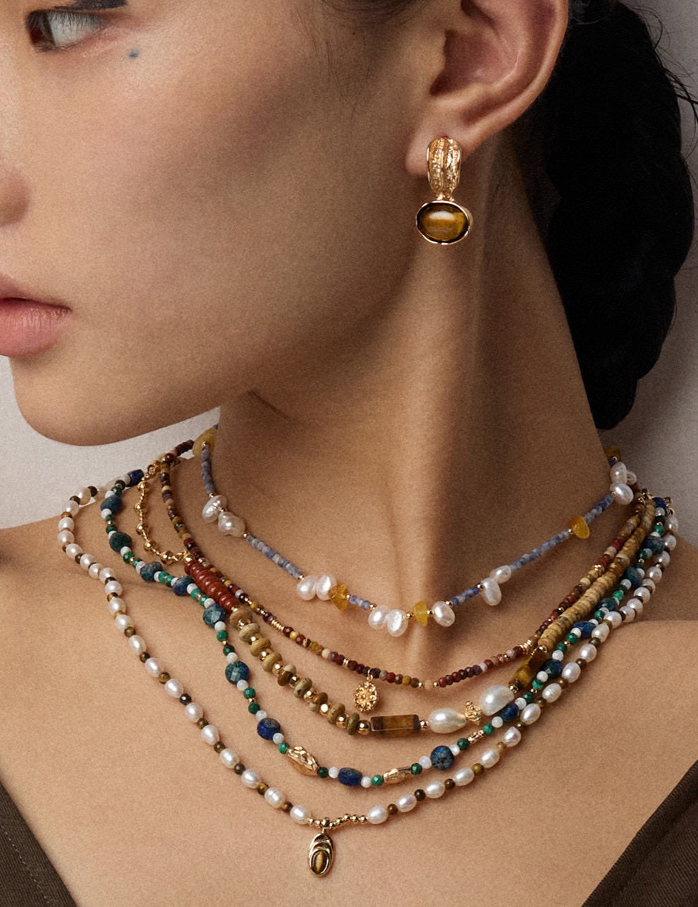 S925 Silver Amber Pearl Sodalite Necklace | Vintage Gold Irregular Gemstone Beads