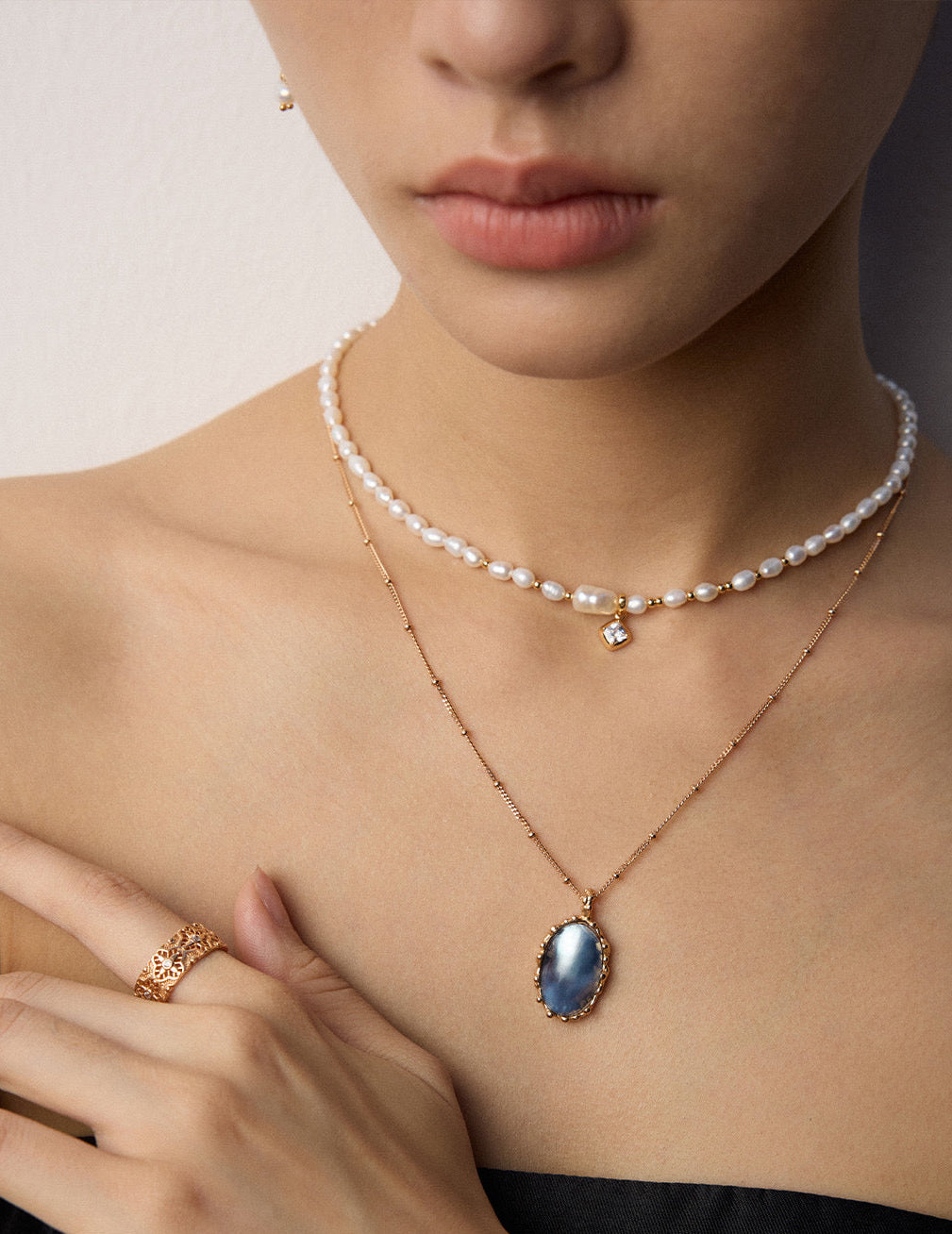 S925 Silver Vintage Gold Natural Pearl & Zircon Charm Necklace | Dainty Adjustable Choker