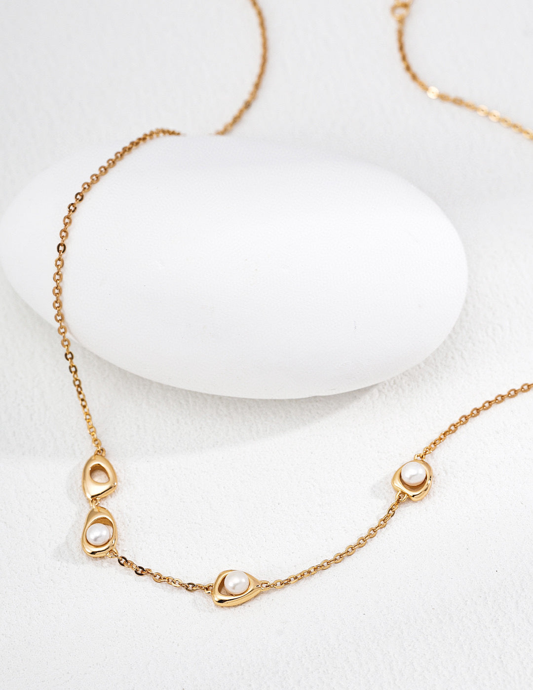 Dainty Pearl Station Necklace, Gold Organic Pebble Charm Necklace, 925 Sterling Silver, Minimalist Asymmetrical Jewelry