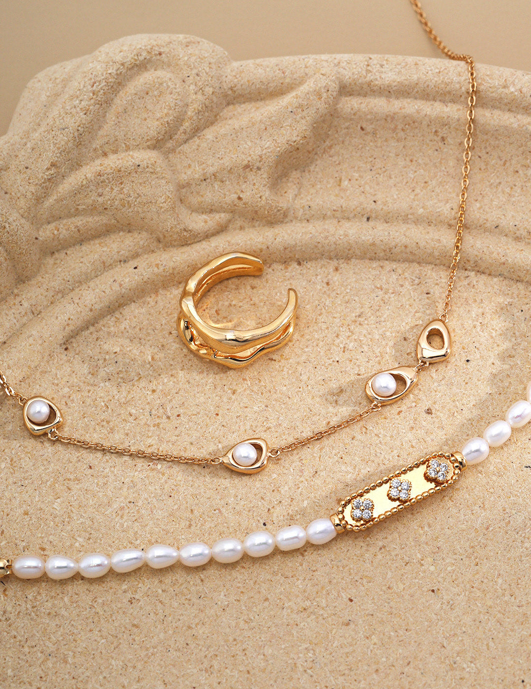 Dainty Pearl Station Necklace, Gold Organic Pebble Charm Necklace, 925 Sterling Silver, Minimalist Asymmetrical Jewelry