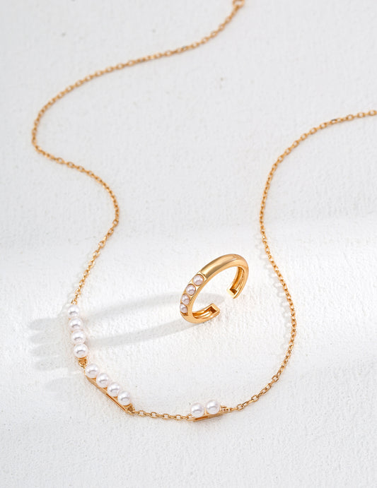 S925 Silver Linear Bar Faux Pearl Necklace | Minimalist Elegant Choker (Vintage Gold/White Gold)