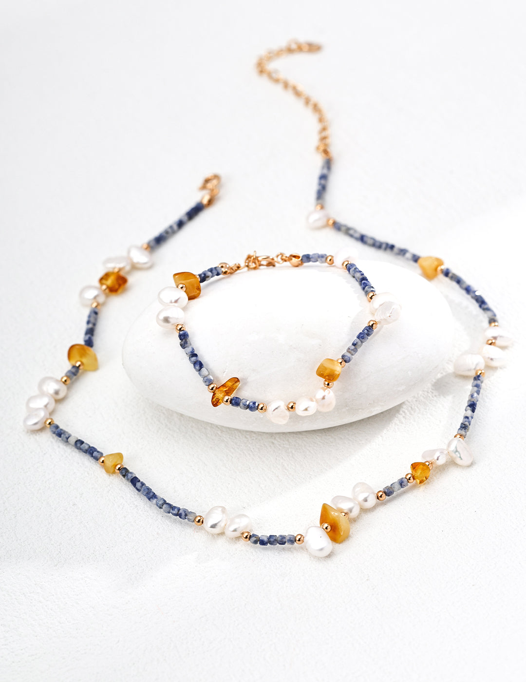 S925 Silver Amber Pearl Sodalite Necklace | Vintage Gold Irregular Gemstone Beads