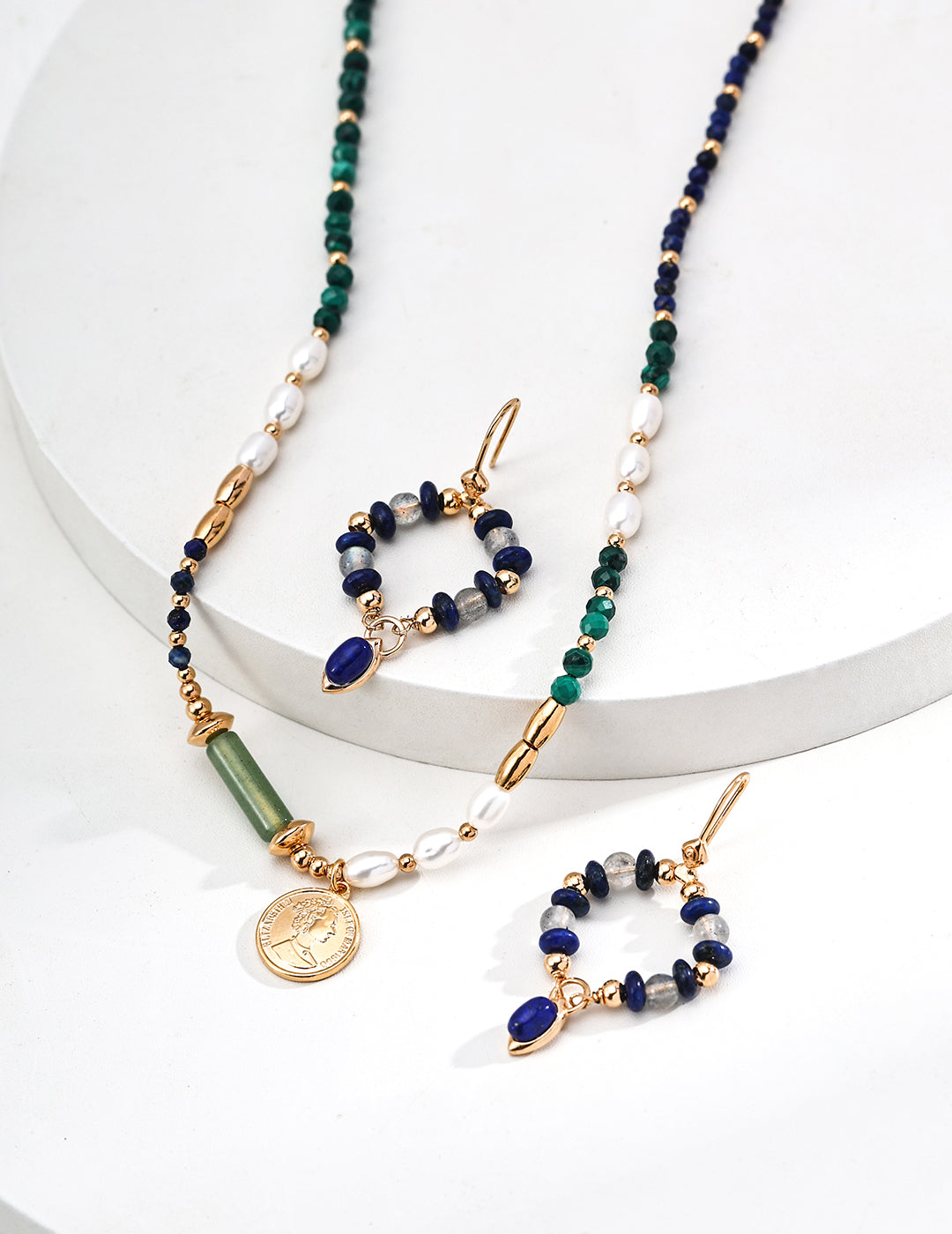 Vintage Gold-Tone Natural Gemstone & Pearl Sterling Silver Necklace | Bracelet | Earrings