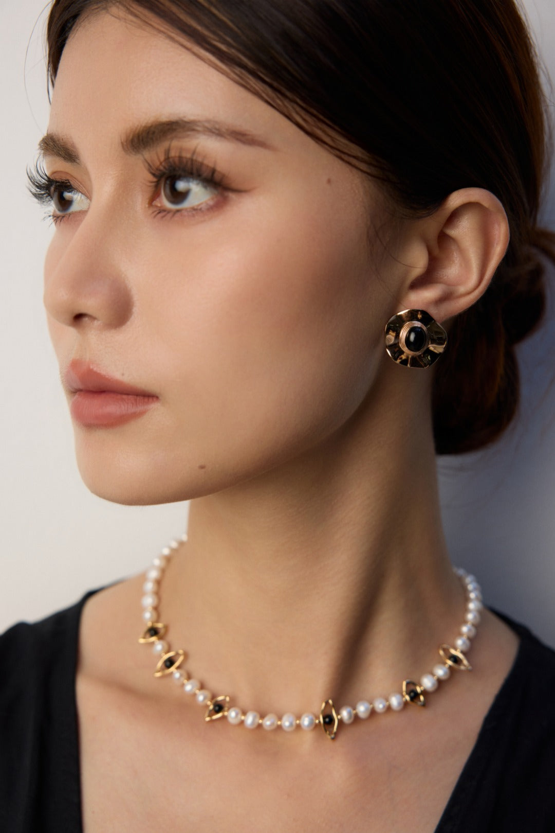 S925 Silver Natural Pearl & Black Onyx Evil Eye Necklace | Vintage Gold French Starry Night Choker
