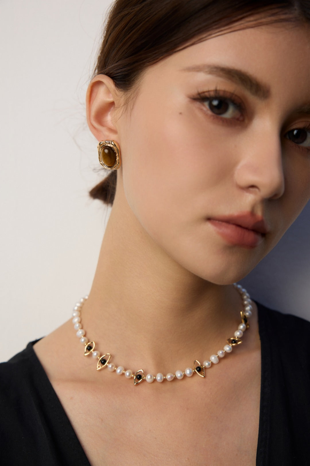 S925 Silver Natural Pearl & Black Onyx Evil Eye Necklace | Vintage Gold French Starry Night Choker
