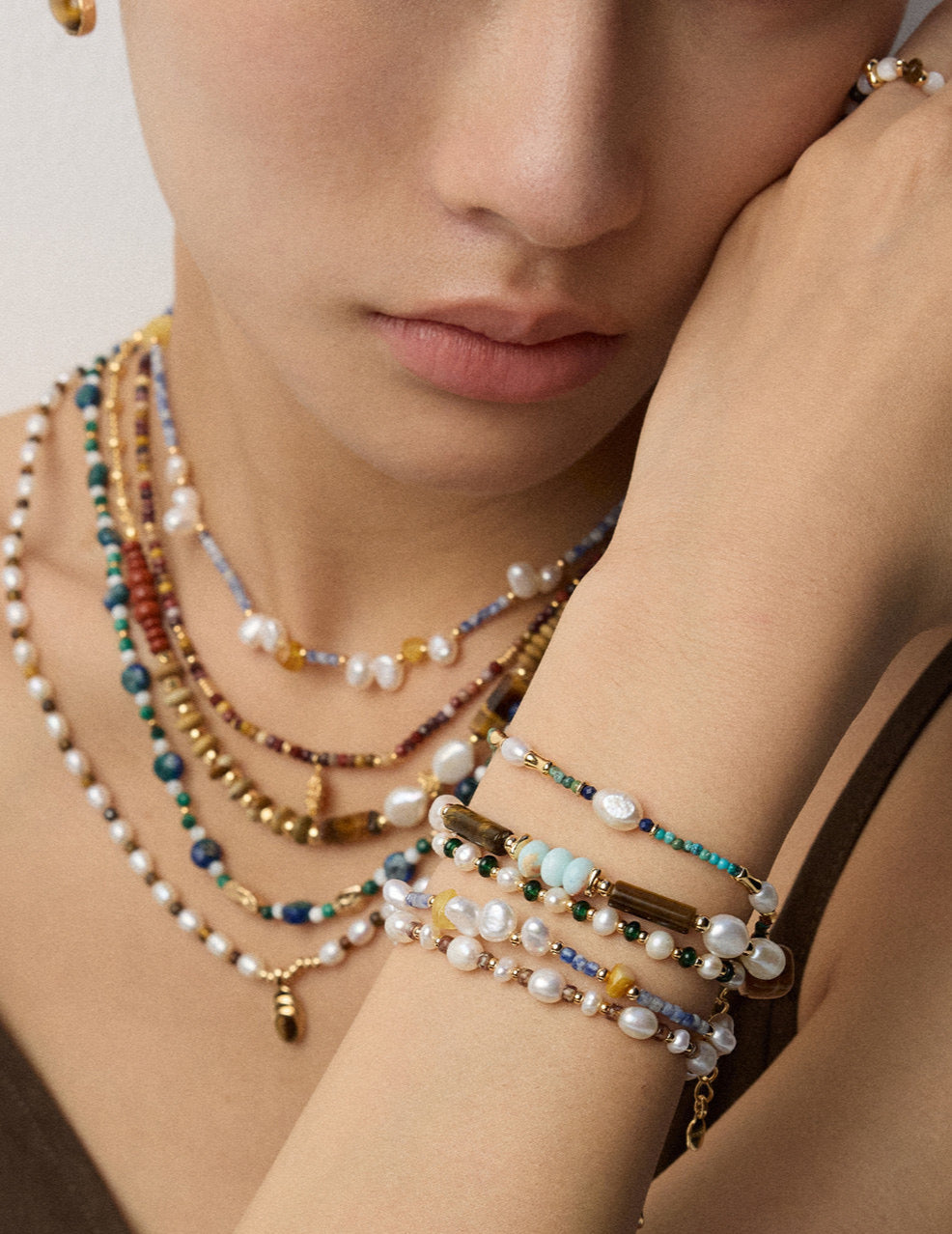 S925 Silver Amber Pearl Sodalite Necklace | Vintage Gold Irregular Gemstone Beads