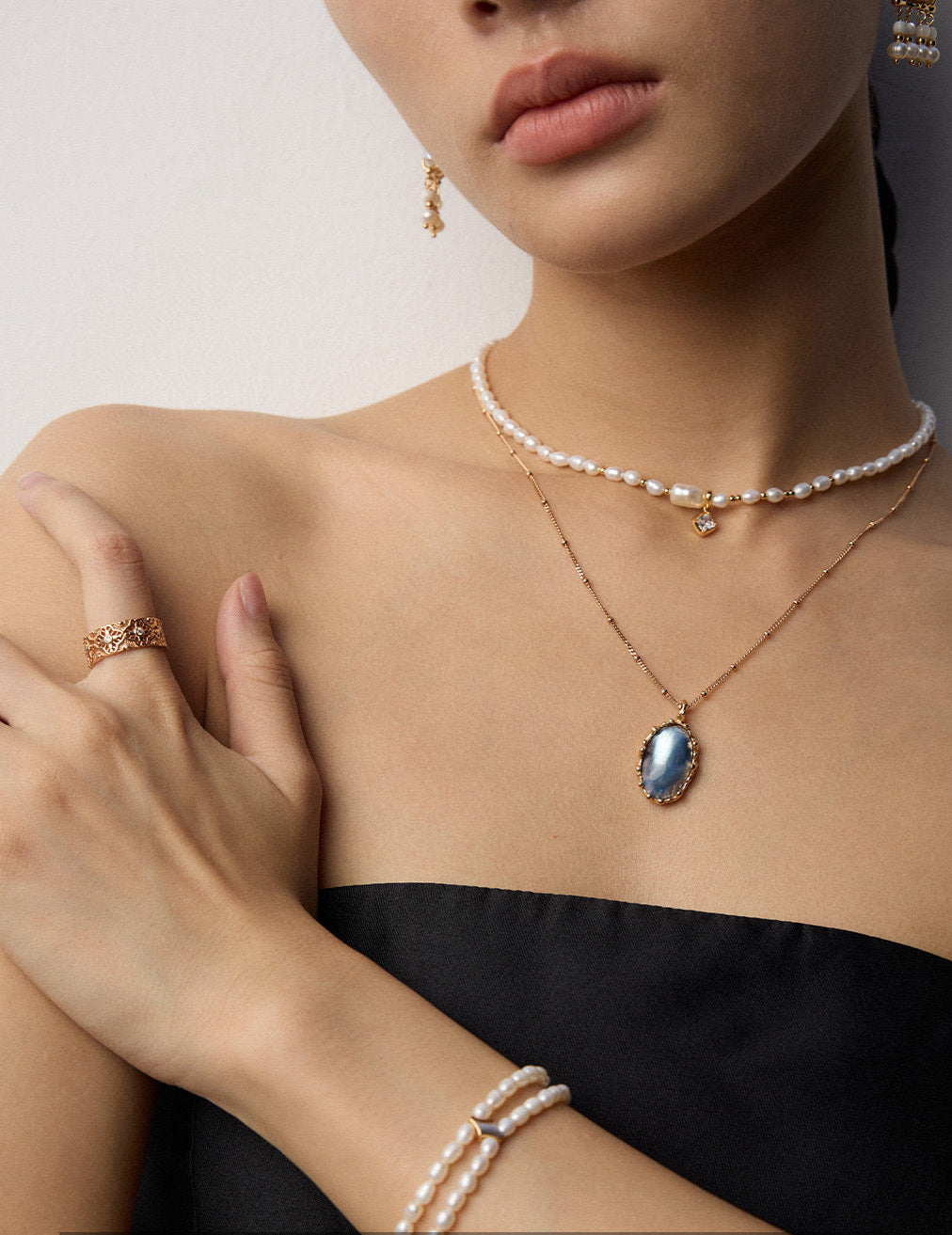 S925 Silver Vintage Gold Natural Pearl & Zircon Charm Necklace | Dainty Adjustable Choker