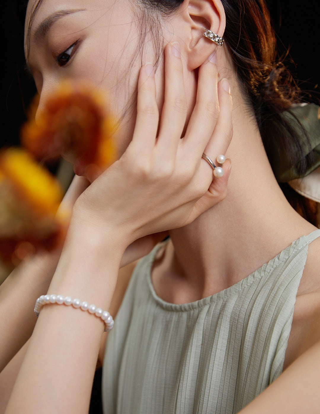 Elegant Encounter S925 Silver Natural Double Pearl Open Ring | Minimalist Adjustable Band (White Gold/Vintage Gold)