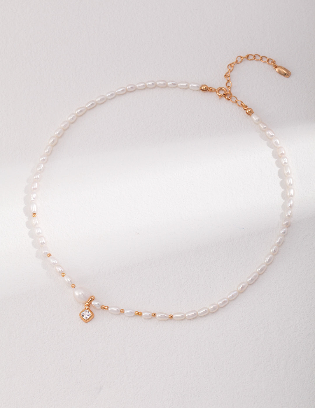 S925 Silver Vintage Gold Natural Pearl & Zircon Charm Necklace | Dainty Adjustable Choker