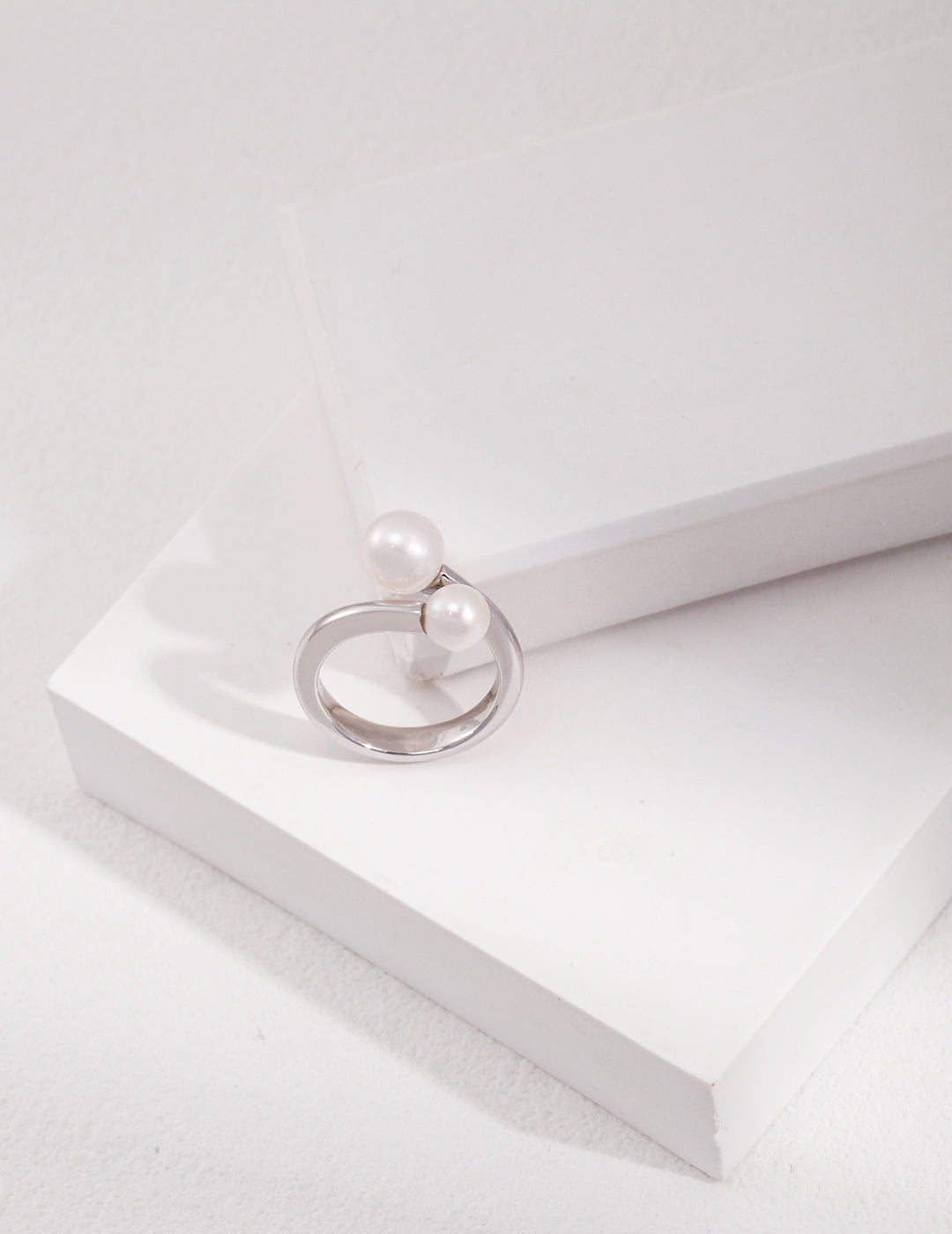 Elegant Encounter S925 Silver Natural Double Pearl Open Ring | Minimalist Adjustable Band (White Gold/Vintage Gold)