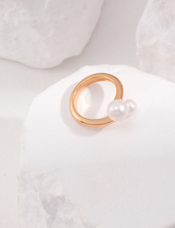 Elegant Encounter S925 Silver Natural Double Pearl Open Ring | Minimalist Adjustable Band (White Gold/Vintage Gold)