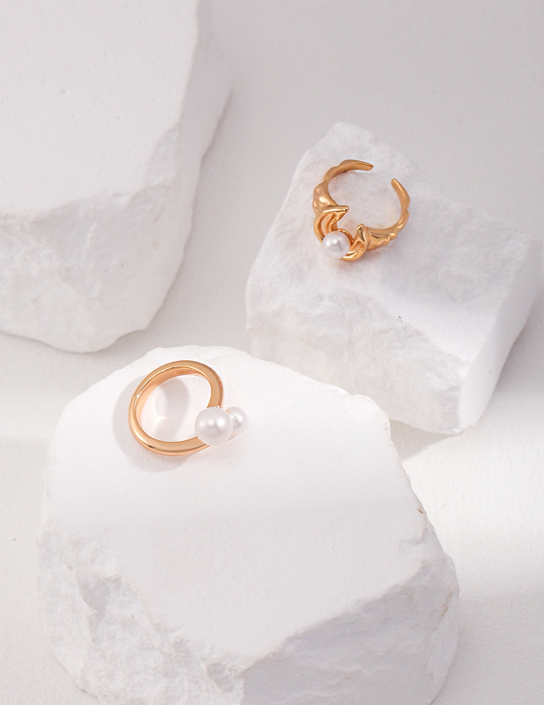Elegant Encounter S925 Silver Natural Double Pearl Open Ring | Minimalist Adjustable Band (White Gold/Vintage Gold)