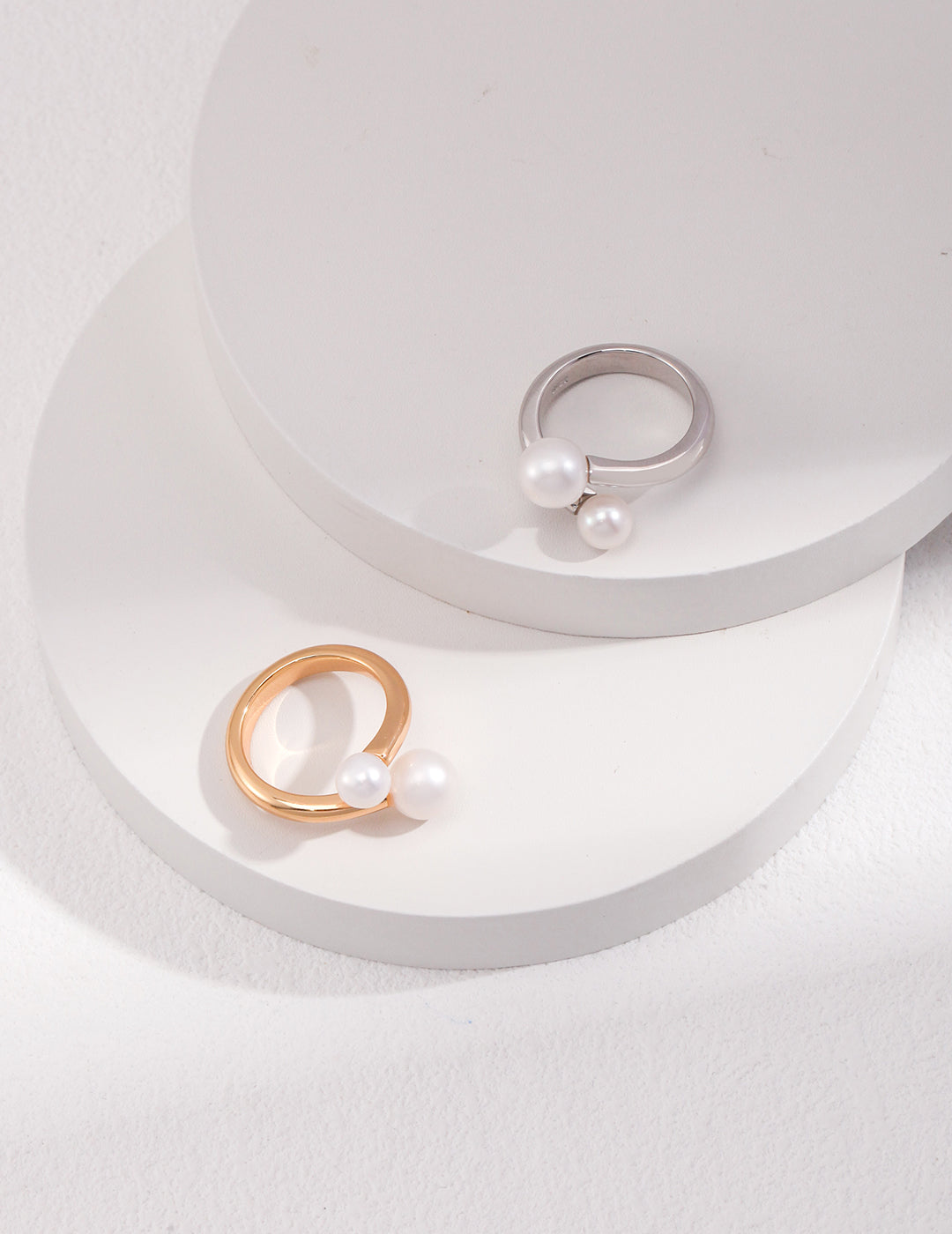 Elegant Encounter S925 Silver Natural Double Pearl Open Ring | Minimalist Adjustable Band (White Gold/Vintage Gold)