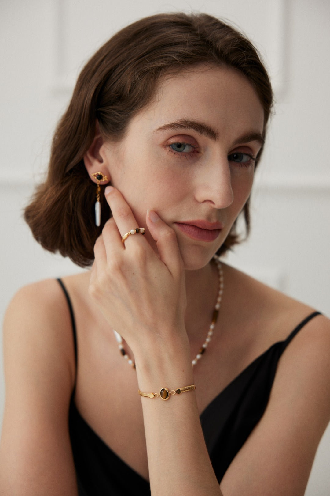 Elegant Herringbone Chain Bracelet | S925 Silver with Natural Gemstone | Lapis Lazuli/Tiger's Eye