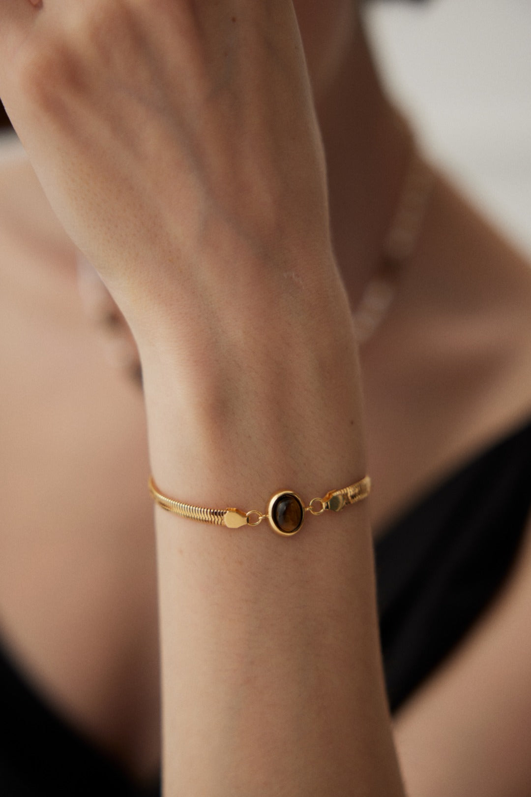 Elegant Herringbone Chain Bracelet | S925 Silver with Natural Gemstone | Lapis Lazuli/Tiger's Eye