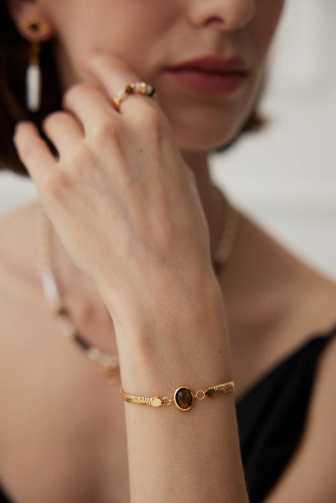 Elegant Herringbone Chain Bracelet | S925 Silver with Natural Gemstone | Lapis Lazuli/Tiger's Eye
