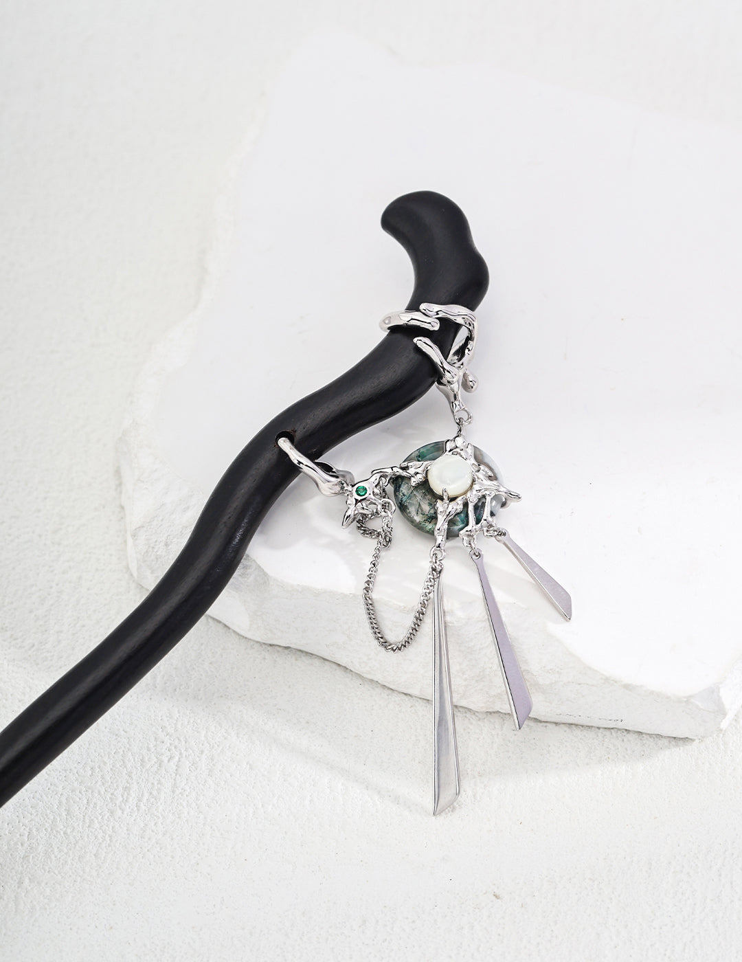 S925 Silver Neo-Chinese Moss Agate & Shell Hair Stick | Zitan Wood, White Gold Finish Elegant Blackwood Hair Stick with Gemstone Dangles
