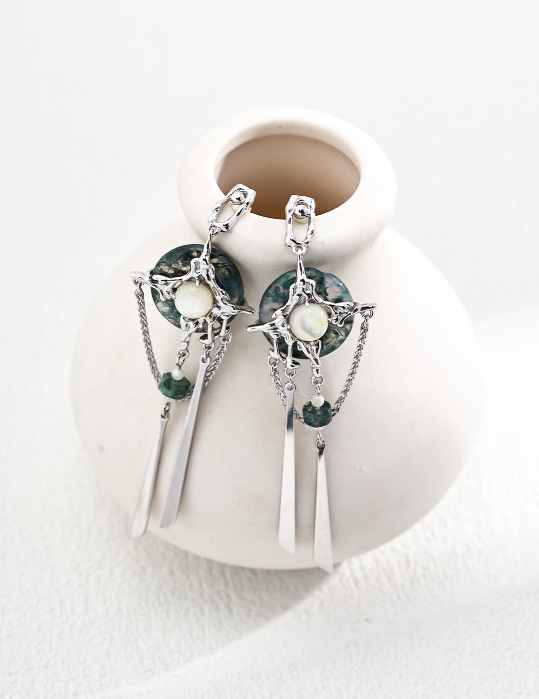 Artisan Crafted Moss Agate & Mother-of-Pearl Statement Earrings | S925 Silver, Neo-Chinese Style