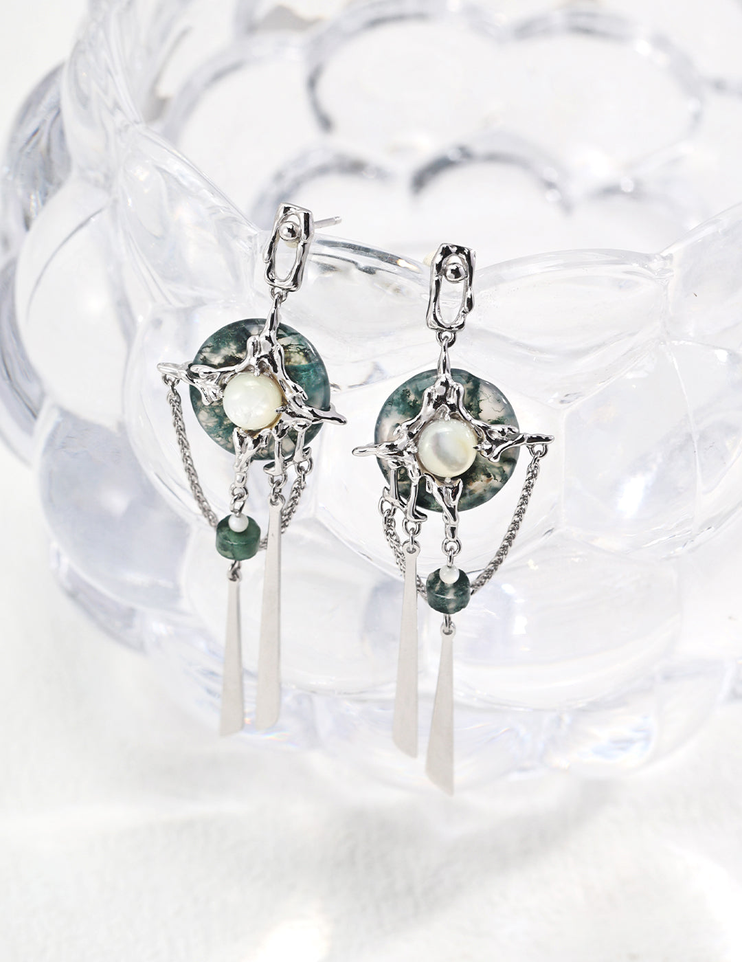 Artisan Crafted Moss Agate & Mother-of-Pearl Statement Earrings | S925 Silver, Neo-Chinese Style