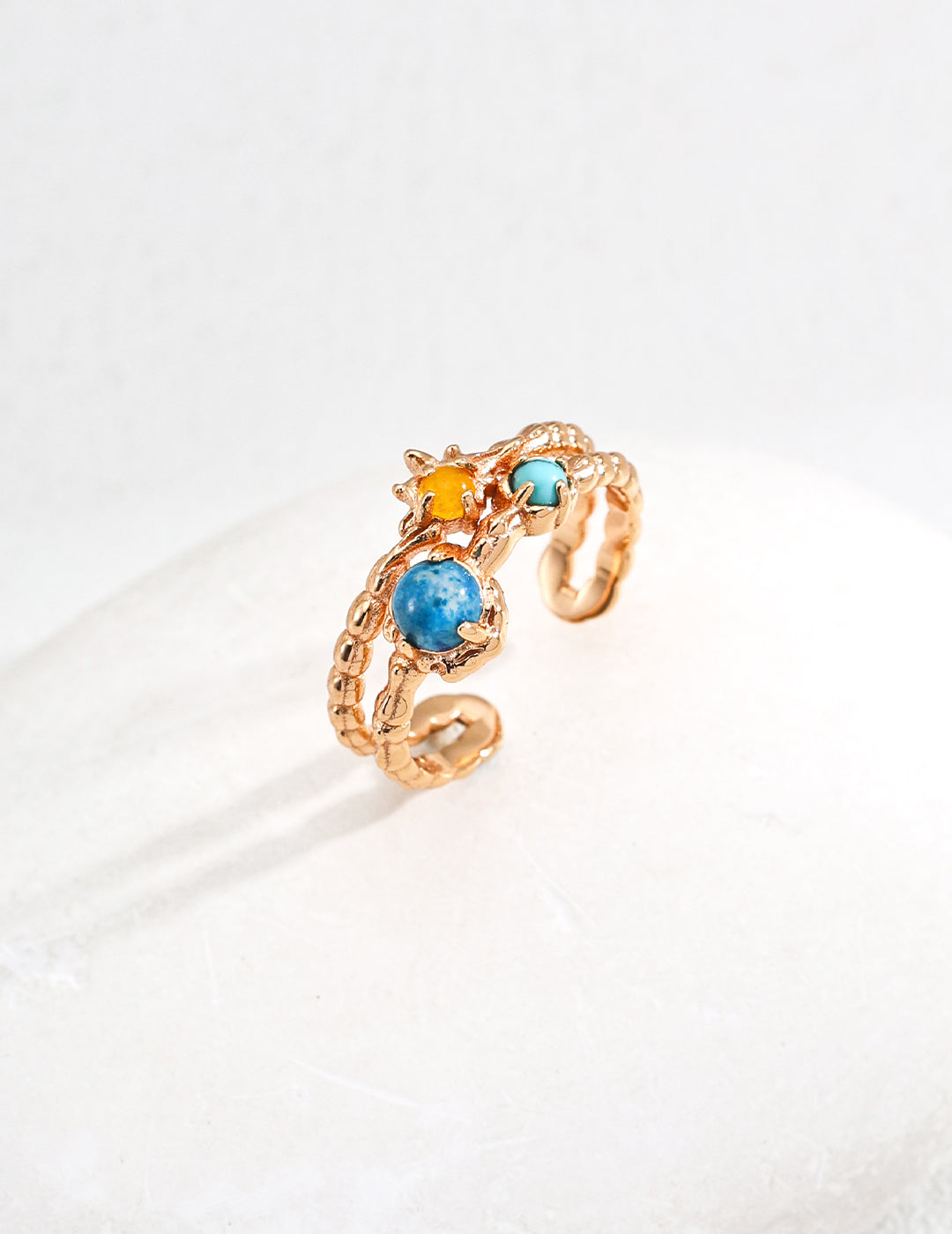 Van Gogh Starry Night Inspired S925 Silver Vintage Gold Multi-Gemstone Adjustable Ring | Starry Night Dream