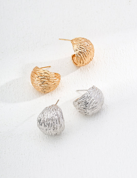 S925 Silver Hand-Carved Textured Hoop Earrings | Natural Grain C-Shape Studs (Vintage Gold/White Gold)