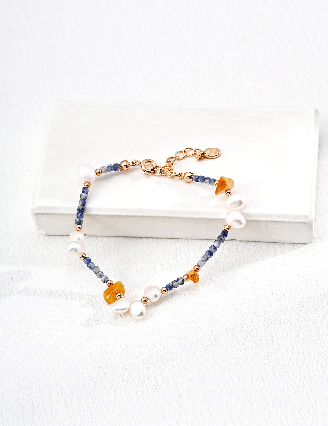 S925 Silver Amber Pearl Sodalite Necklace | Vintage Gold Irregular Gemstone Beads
