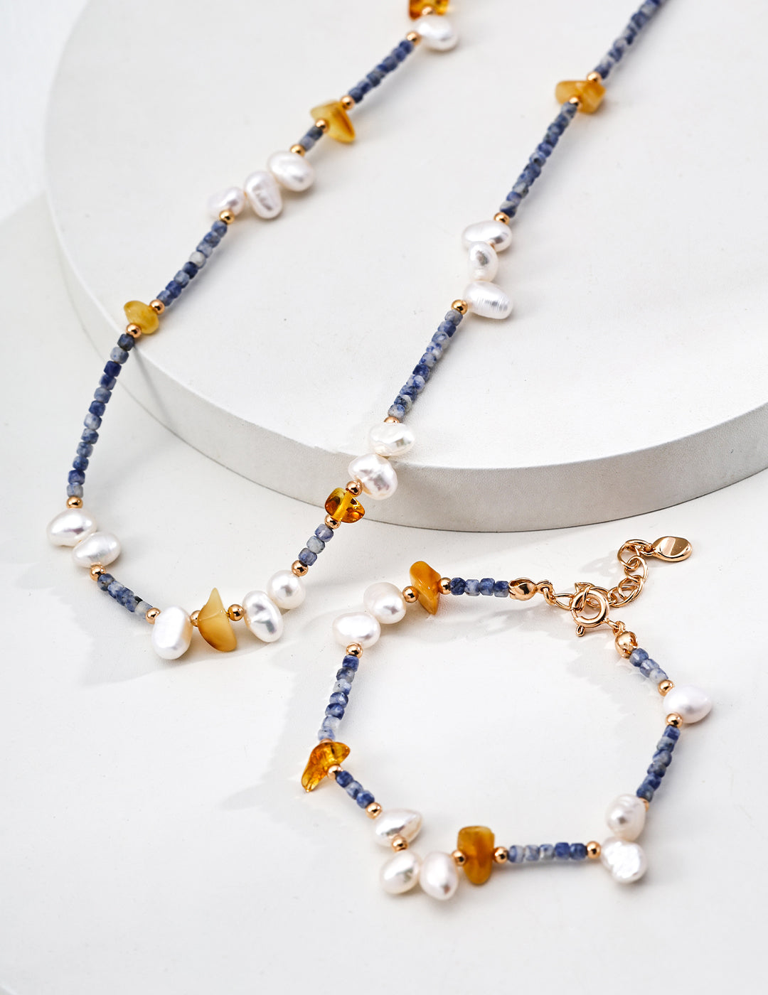 S925 Silver Amber Pearl Sodalite Necklace | Vintage Gold Irregular Gemstone Beads