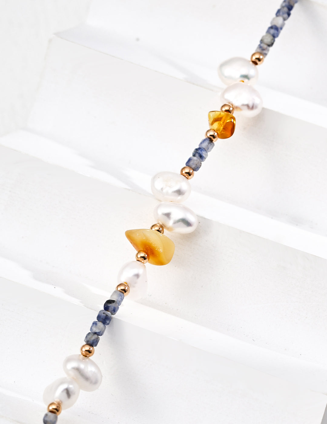 S925 Silver Amber Pearl Sodalite Necklace | Vintage Gold Irregular Gemstone Beads